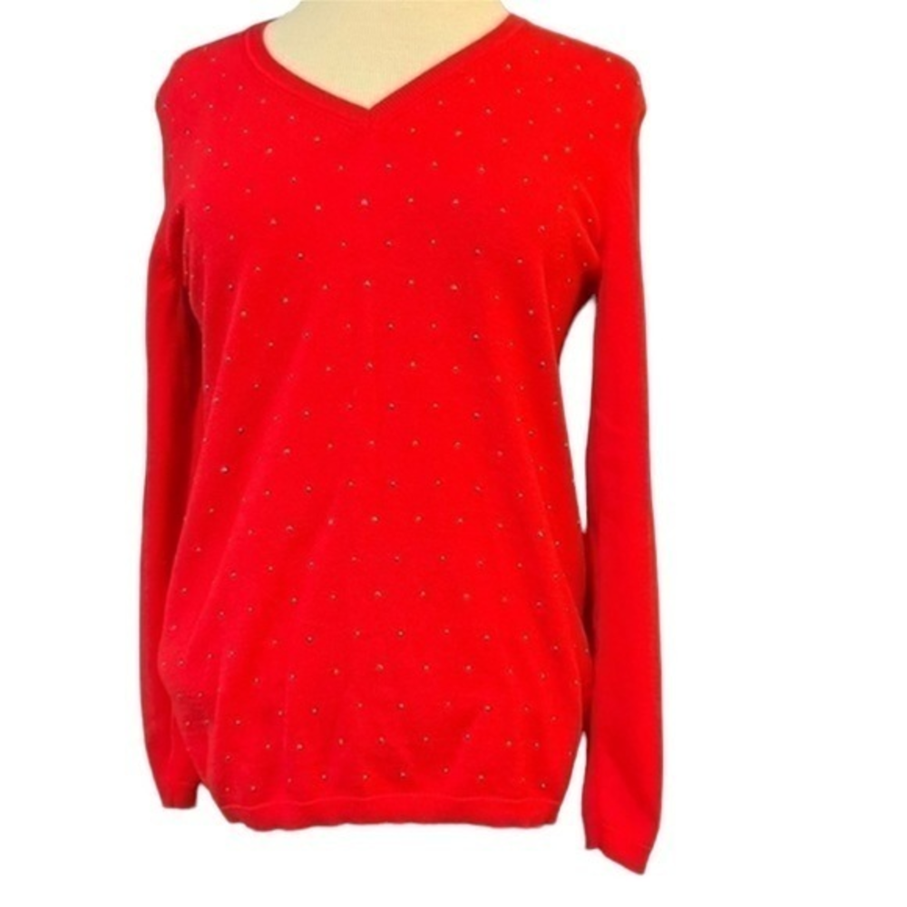 Tommy Hilfiger Red Rhinestone V-Neck Cotton Knit Sweater Womens Small #70